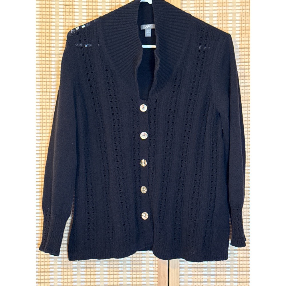 J. Jill Black Pointelle Knit Cardigan Sweater Shawl Collar Button Front MP Prep